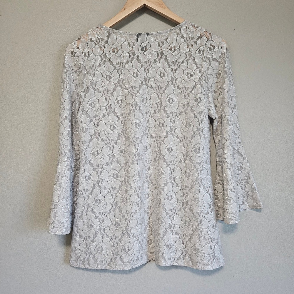 bobeau Light Gray Lace Bell Sleeve Blouse